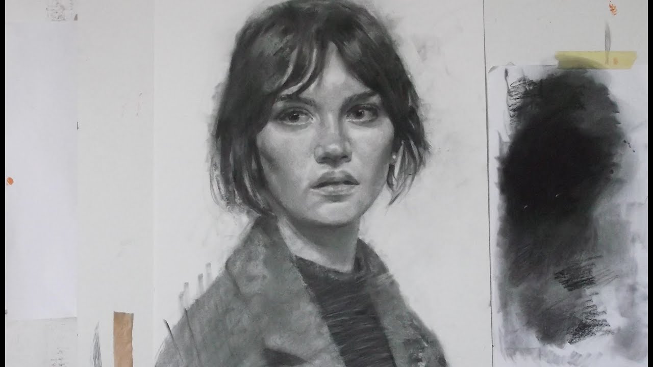 Dibujo un retrato con carboncillo y l&aacute;pices carb&oacute;n. Parte 1&ordf;, encaje con carb&oacute;n en tiempo real.