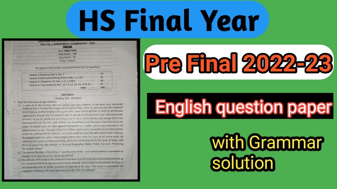 AHSEC HS Final year Pre final Examination 2022-23|English Question Paper with Grammar Solution
