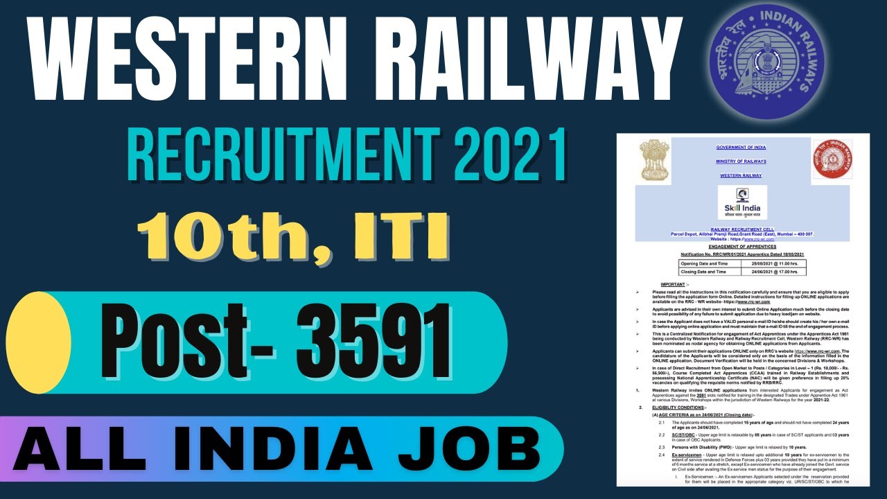 WESTERN RAILWAY  Recruitment 2021, Post- 3691 for 10th, ITI Student, Full details to Apply