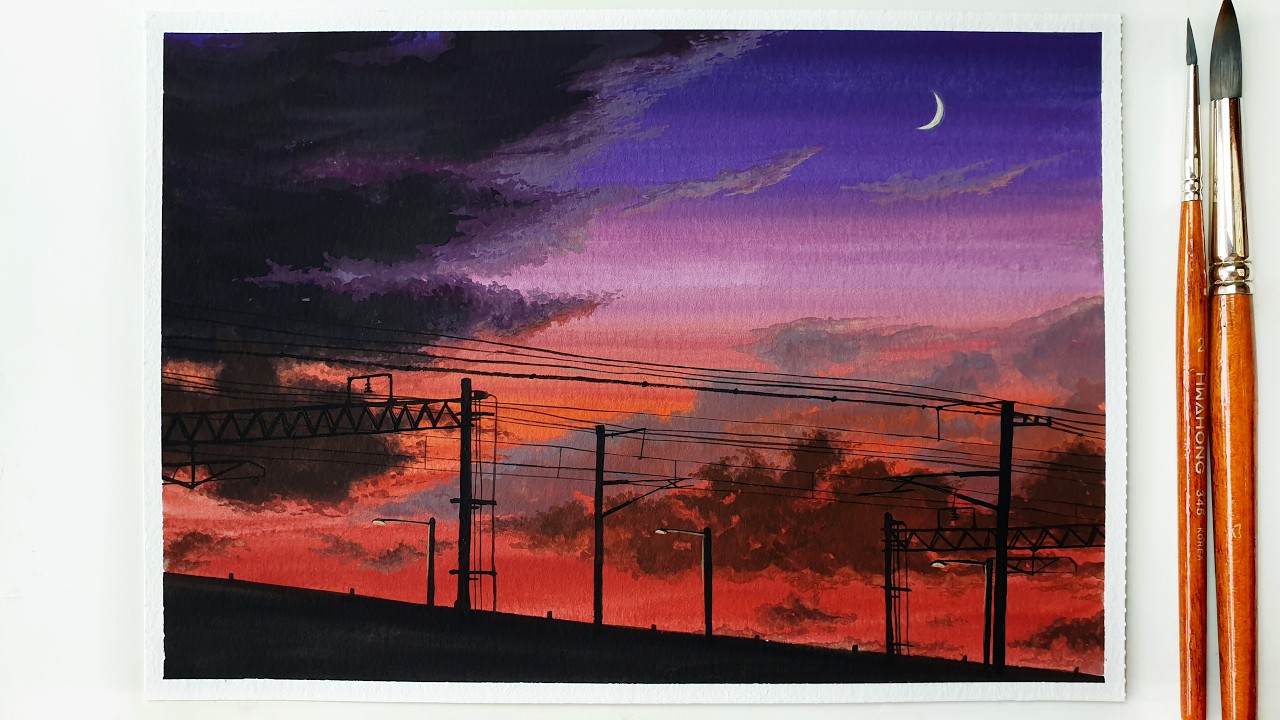 Sunset Sky Landscape Painting with Gouache