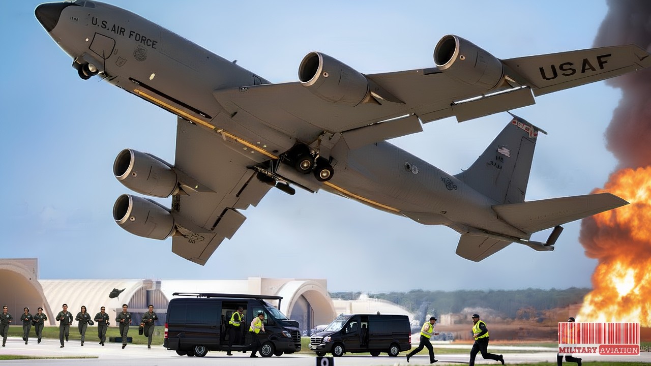 Тревога о срочном взлете! Женщина-пилот американского самолета KC-135 взлетает на высокой скорости —