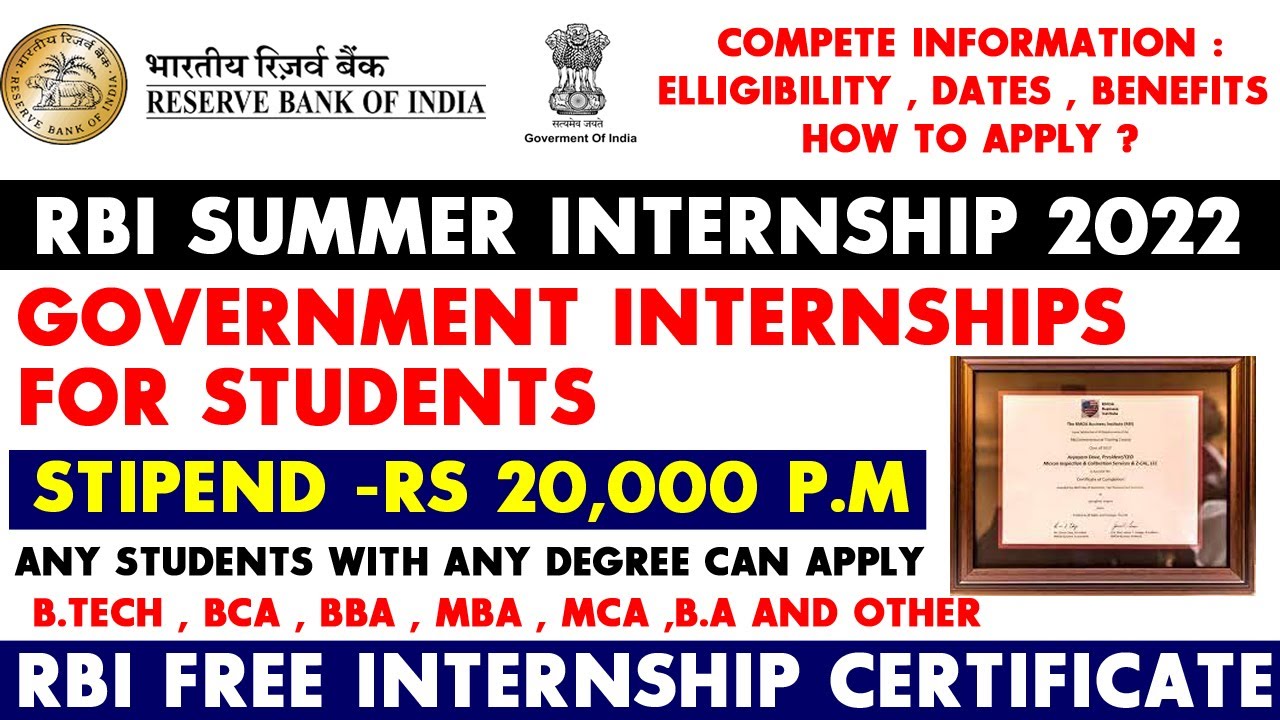 RBI Summer Internship for Students 2022 |Free RBI Internship Certificate | Stipend -Anyone can Apply