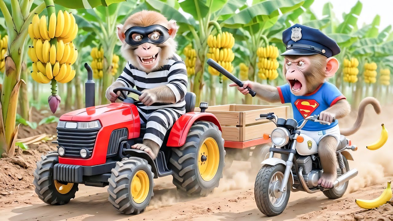 Monkey Farmer Drives a Tractor to Harvest Bananas and Catches a Tricky Thief - Monkey Farm Work