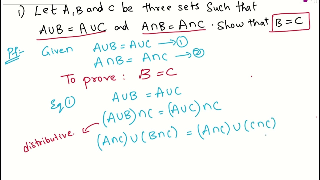Let A, Band C be three sets such that AUB=AUC and A∩ B= A∩C. Show that B=C |sets| class 11&12