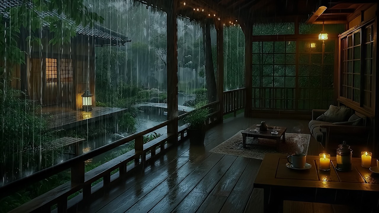 🌧️Stormy Night on Forest Cabin Porch to Deep Sleep | ASMR Soft Rain on Garden Pond