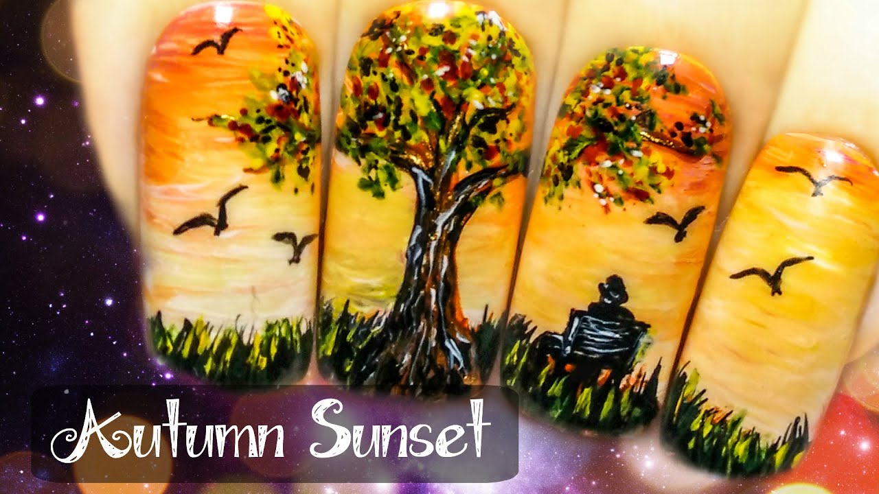 Autumn Sunset Freehand Nail Art Tutorial