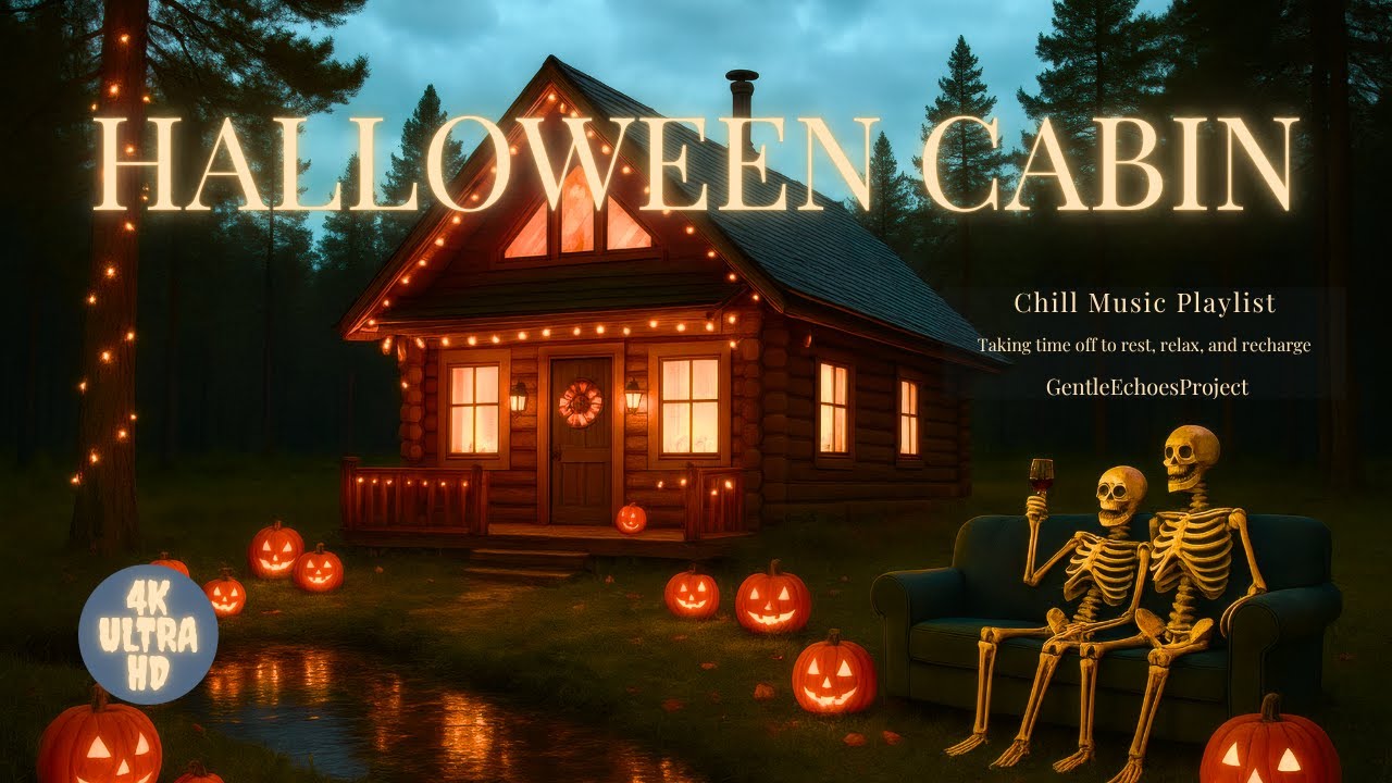 Halloween Cabin Jazz 4K 🎃 Cozy Forest Ambience with Skeleton Friends & Pumpkins 7 Hours