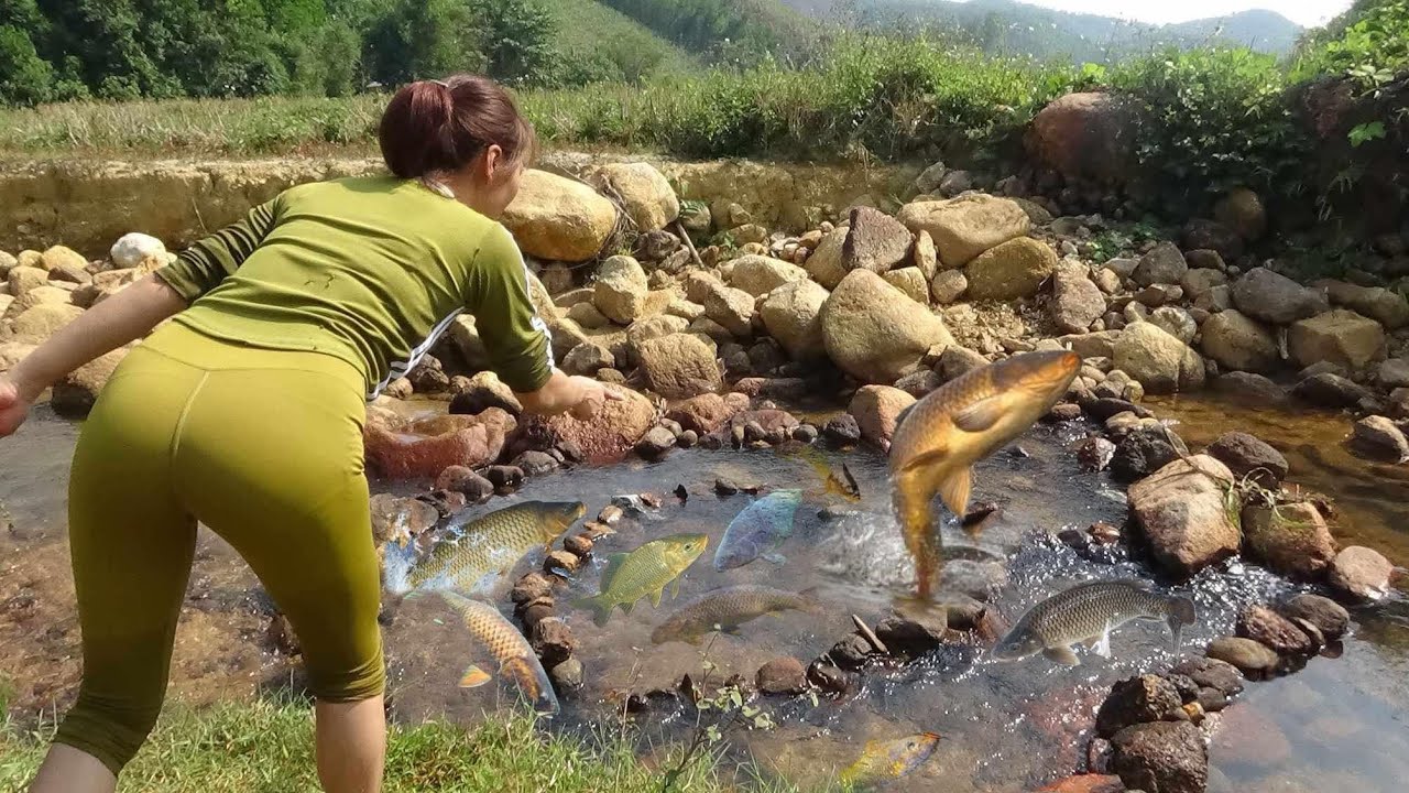 Make a fishing trap from gravel. Survive alone in the wild