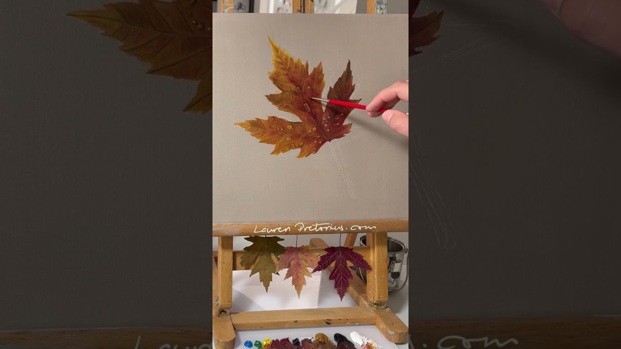 Dew drop maple leaf oil painting