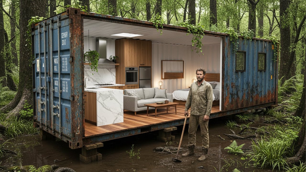Building a house in the swamp (ASMR)– This man built a home inside an abandoned container by himself