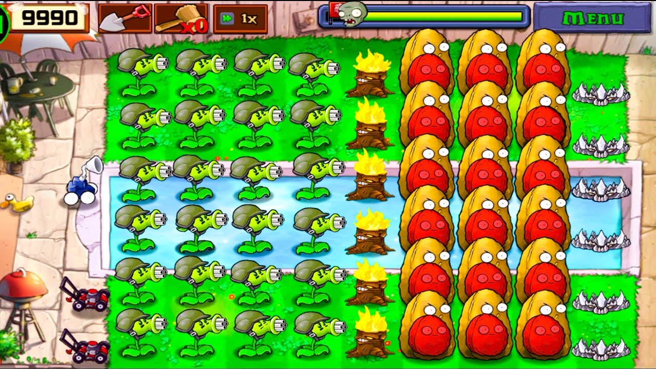 Plants Vs zombies Survival Pool Gatling Pea+Torchwood+Tall Nut Vs All Zombies Gameplay Challenge