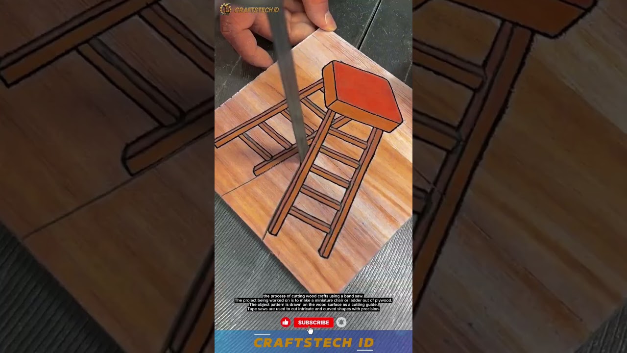 the process of cutting wood crafts using a band saw.The project being worked on 