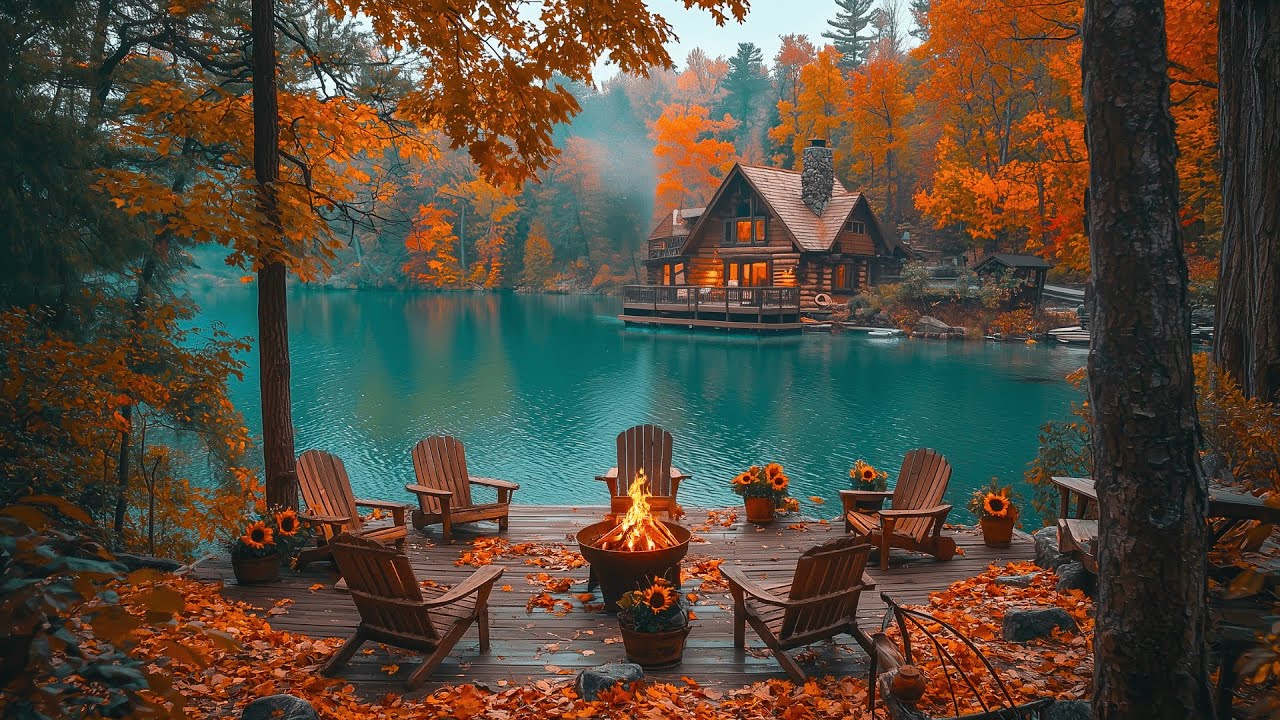Cozy Lakeside Cabin in fall Autumn | Crackling Campfire, Calm Lake & Peaceful Nature Sounds Ambience