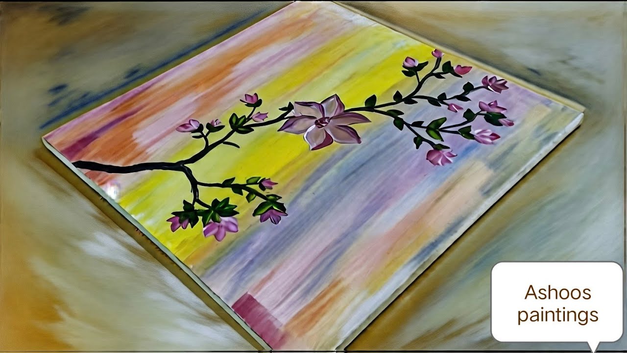 Pink Flower Branch Painting | DIY Canvas Art Trending/Beautiful Blossom Art Tutorial for beginners 
