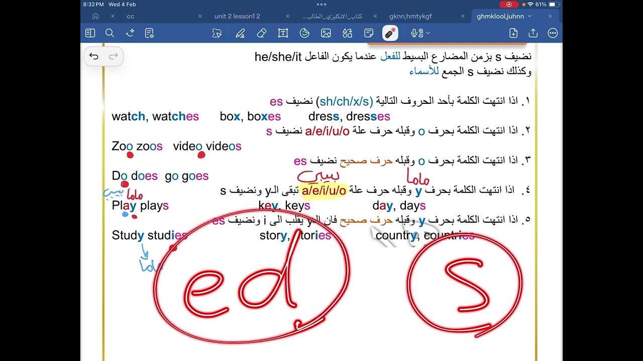 قواعد اضافة s للأسماء والافعال