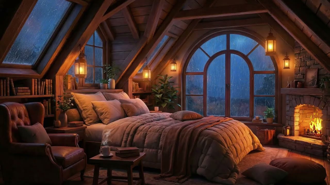 Rain & Thunderstorm Sounds in a Cozy Attic Bedroom (No Ads) Relaxing Ambience for Deep Sleep