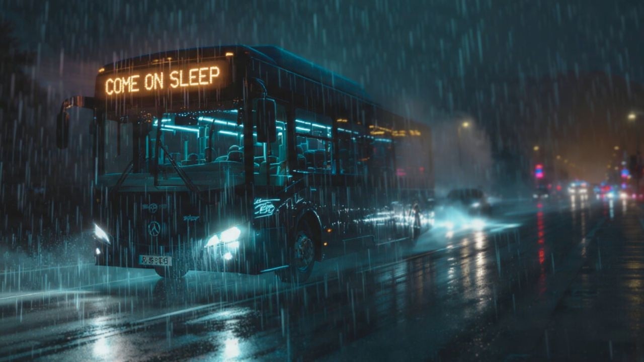 Widok z okna autobusu w deszczową noc 4K HDR: doskonały ASMR dla głębokiego snu, relaksu, skupienia,