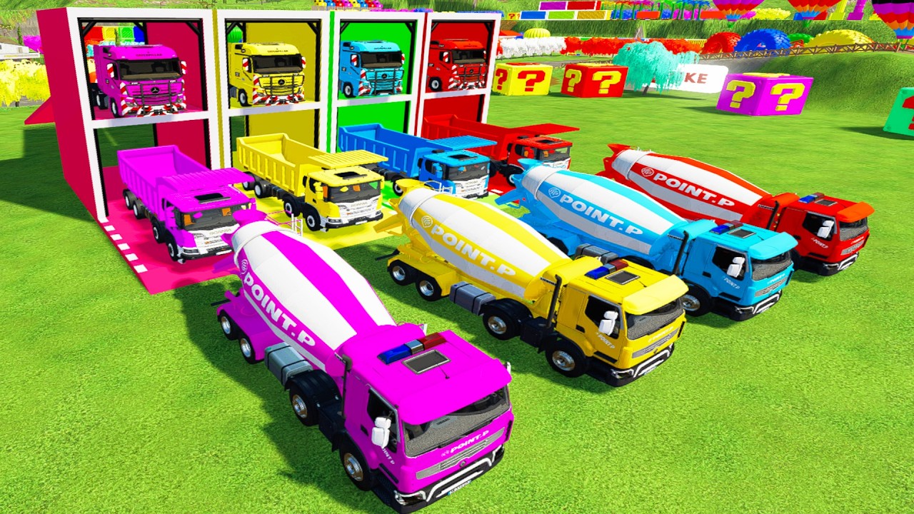 Colorful trucks - COLORFUL MIXER CEMENT TRUCK, SCANIA TIPPER TRUCK TRANSPORTING WITH TRAILER TRUCK