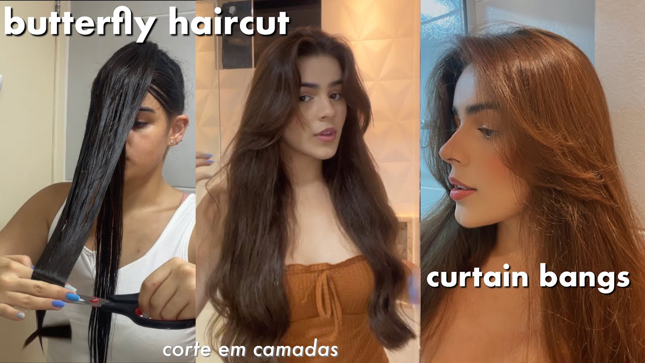 FIZ O CORTE BUTTERFLY CUT DO TIKTOK + Franja Curtain Bangs em Casa💇🏻‍♀️✨