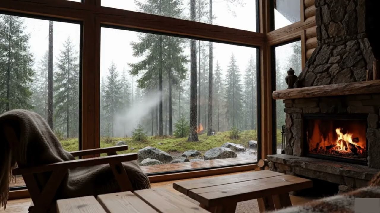 Rain Cabin Forest – Cozy Fireplace Rainstorm | Rain & Fire Sounds for Sleep and Relaxation