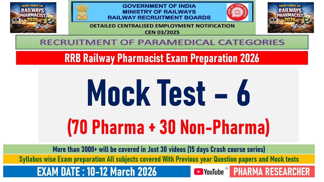 Railway Pharmacist exam preparation 2026 II Mock test paper 6 #rrbpharmacist2026 #pharmacist #rrb