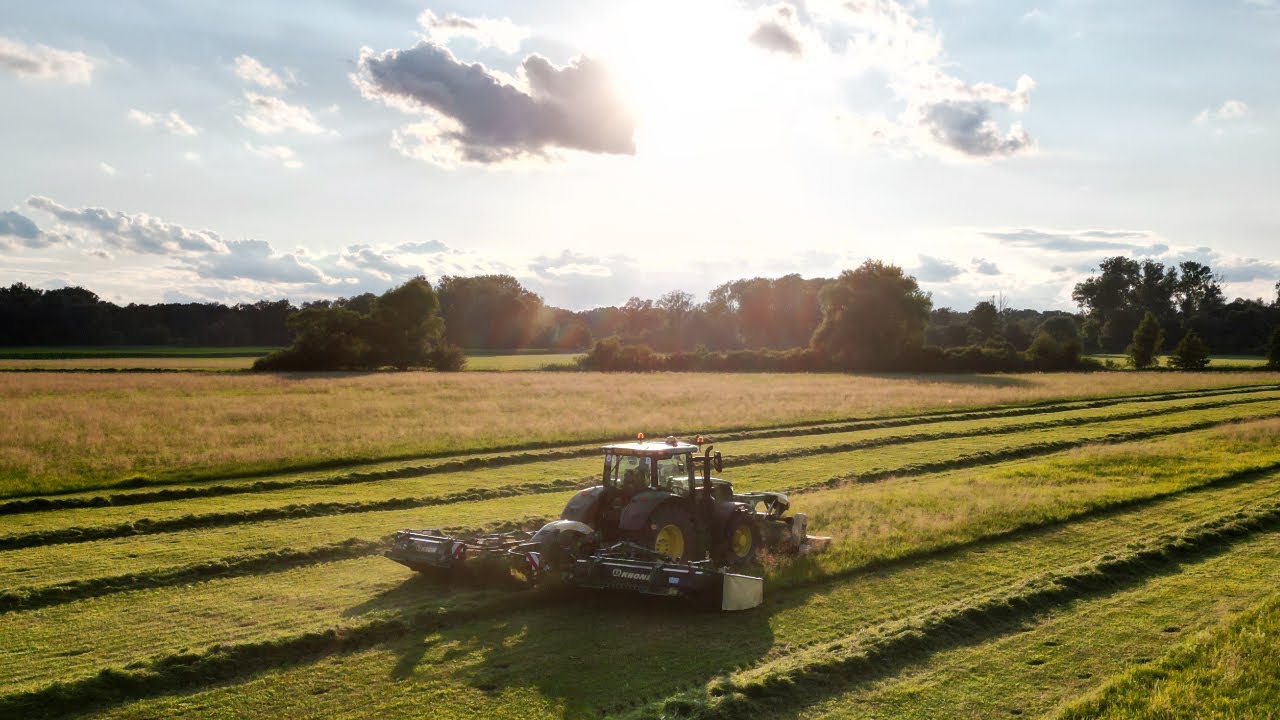 John Deere 6215R & Krone EasyCut | Grass Mowing for Silage | Limousine Farm Poruba |4K| Drone |