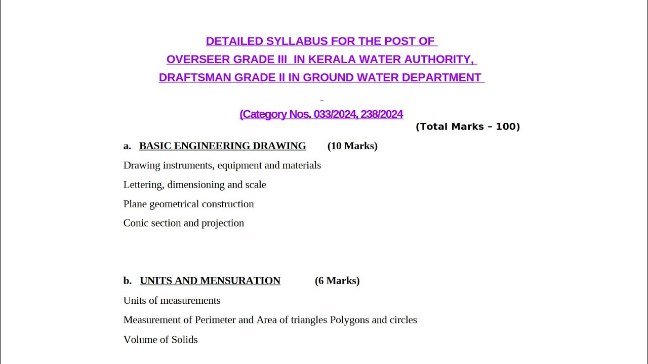 DETAILED SYLLABUS OF OVERSEER GRADE III IN KWA ,DRAFTSMAN GRADE II IN GROUND WATER DEPARTMENT|2025|