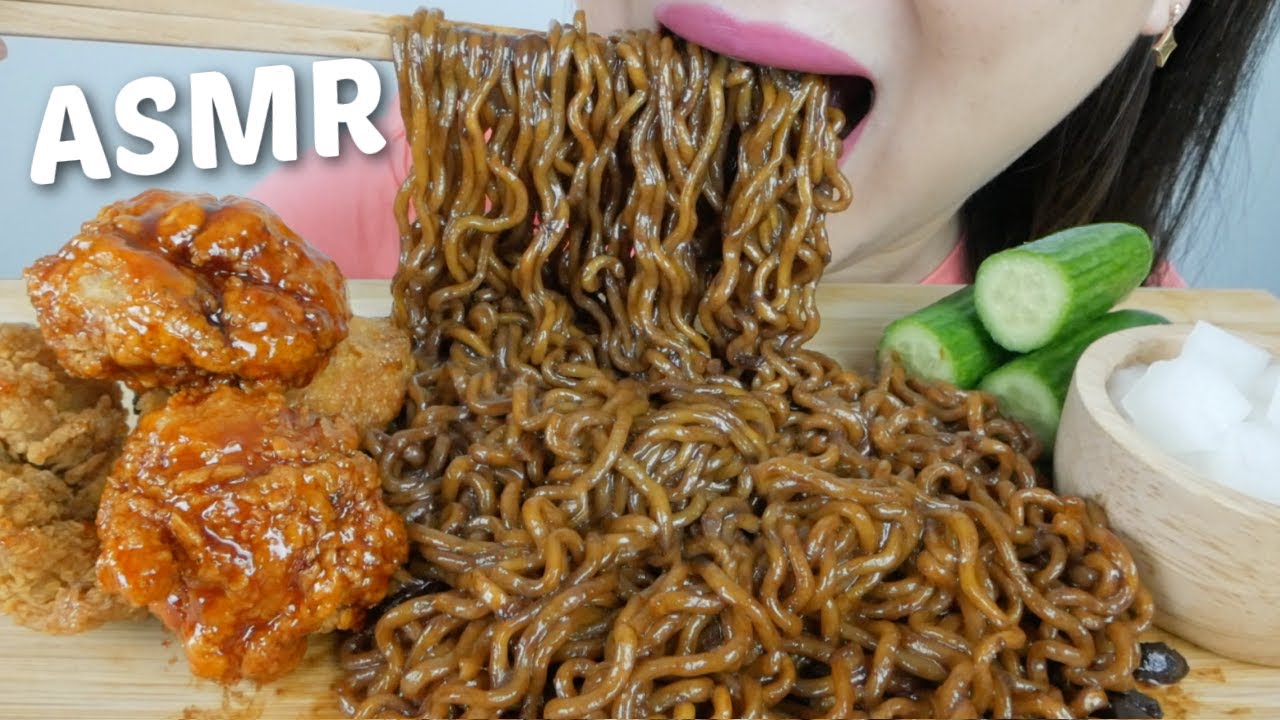 ASMR Buldak & Soy Garlic Korean Fried with Black Bean Noodles *NO Talking Eating Sounds| N.E