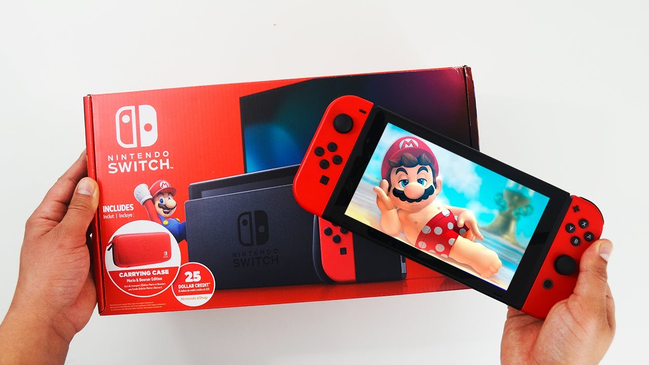 Mario Red Joy-Con Nintendo Switch Bundle | Mario & Bowser Carrying Case + $25 eShop Credit (New V2)
