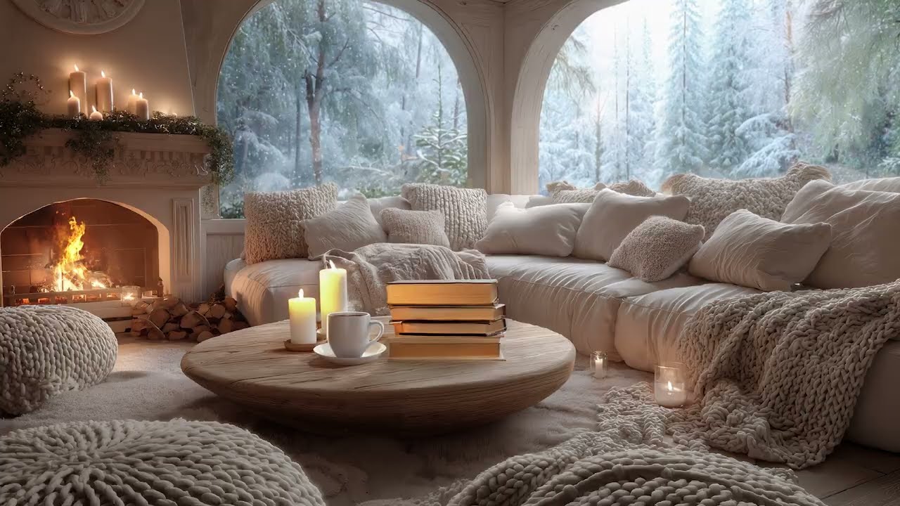 Relaxing Winter Snowfall with Soft Piano Music on Cozy Cabin Ambience | Fire Sounds for Calm