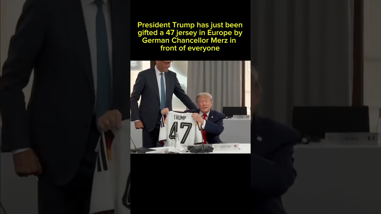 Trump has just been gifted a 47 jersey in Europe by German Chancellor Merz in front of everyone