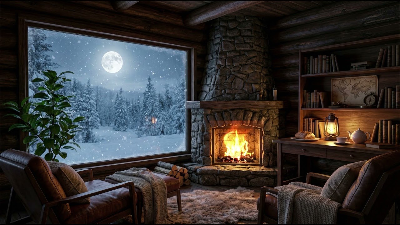 Winter Cabin Rest Under Moonlight – Warm Lantern Glow, Soft Shadows & Quiet Snow
