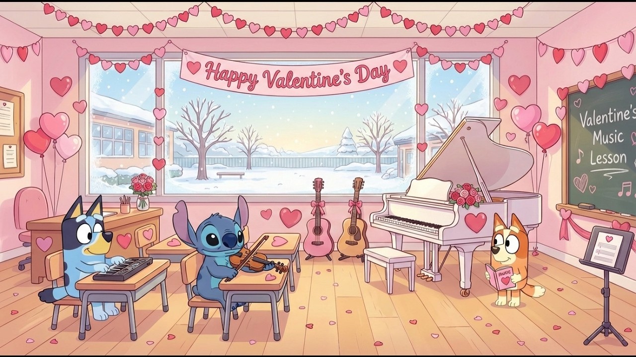 Stitch & Bluey Sweet Valentine Music Classroom 💕 Soft Study Lofi & Relaxing Beats ❄️ Peaceful Snowy