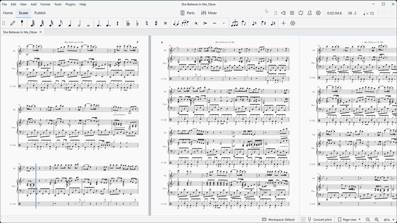She Believes In Me (Steve Gibb).  Music arranged for oboe,  piano, and drums.