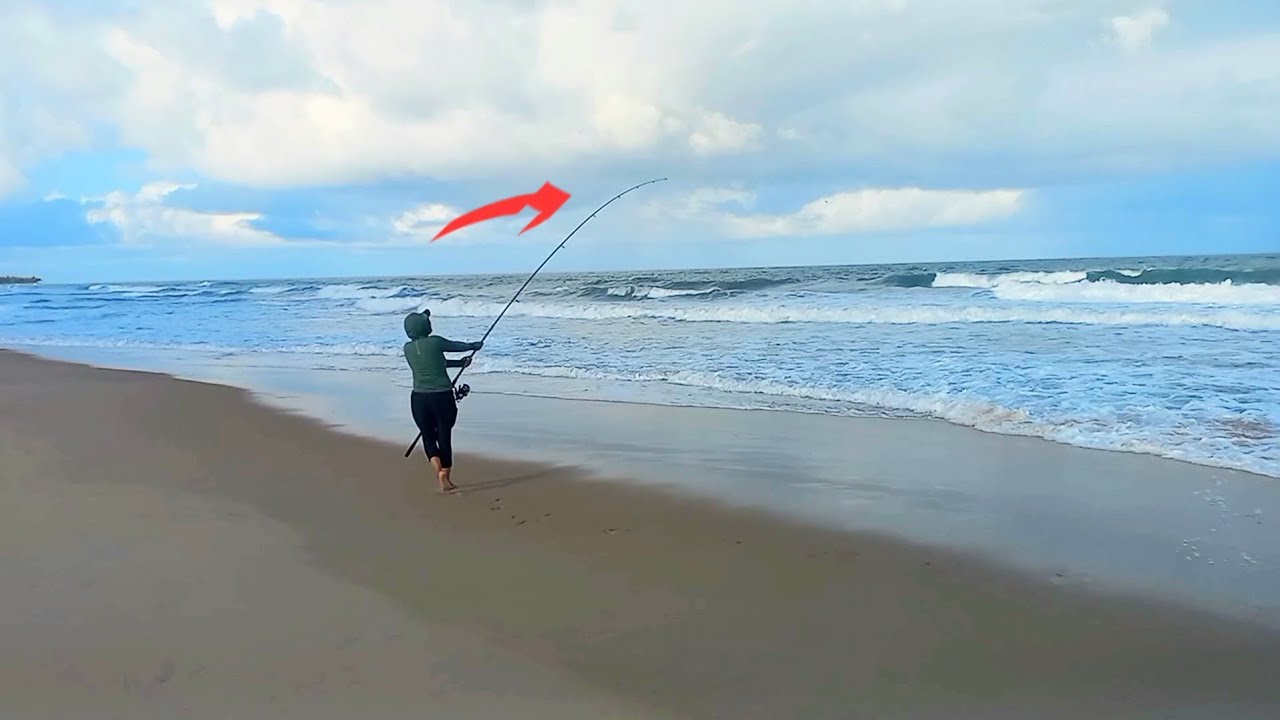 QUANDO A VARA ENVERGOU, ELA PEDIU AJUDA, PORQUE NÃO SABIA O QUE PESAVA TANTO! Pesca de Praia...