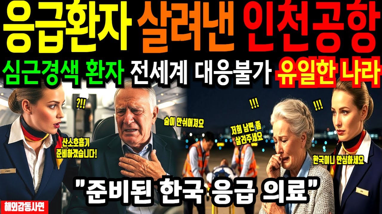 [해외감동사연] 비상착륙 전세계가 거부, 한국 인천공항만 받아줬다  5분만에 의료진 준비, 독일 승무원과 아내 오열