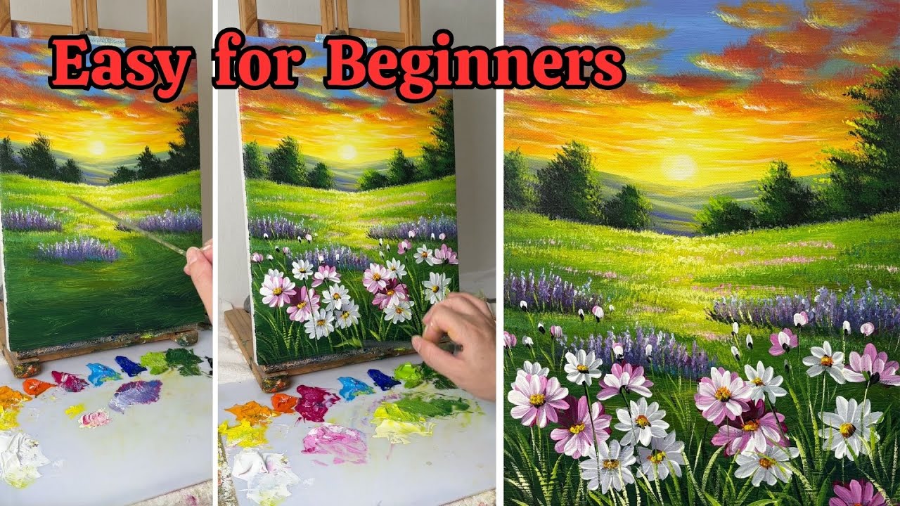 How to Paint a Sunset Over a Blooming Meadow | Step-by-Step Acrylic Landscape Tutorial