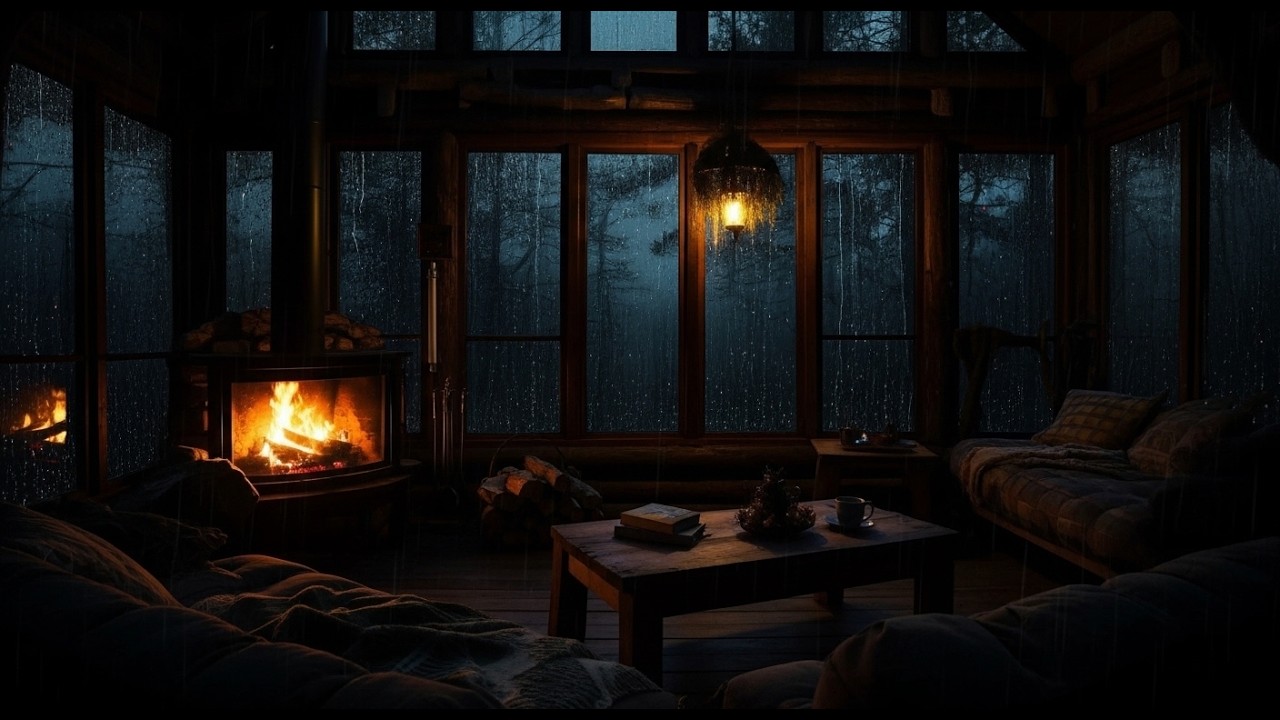 Relaxing Rain and Fireplace Sounds in Cozy Cabin Night for Sleep and Relaxation