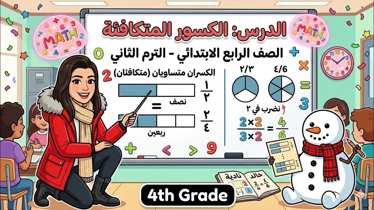 صف رابع الترم الثانى شرح الكسور متكافئة الوحدة التاسعة الدرس 12و13و14#ام_الرياضيات 
