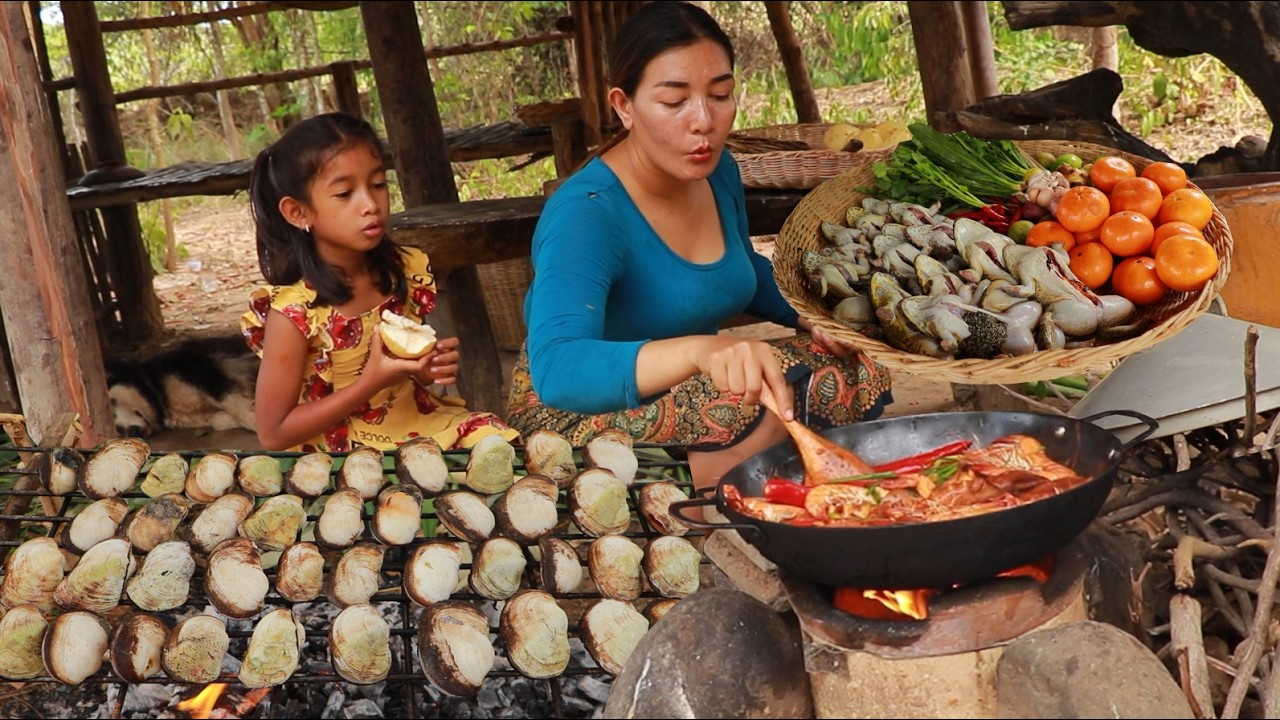 Roasted mussel with chili sauce & Cooking frog soup spicy recipe +5food cook and eat