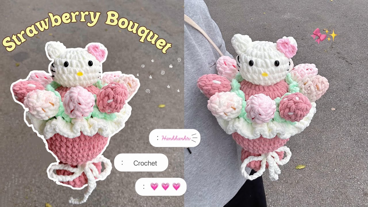 Клубничный букет крючком☆･ﾟАмигуруми Hello Kitty 🍓Милый клубничный букет крючком с бархатными пал...