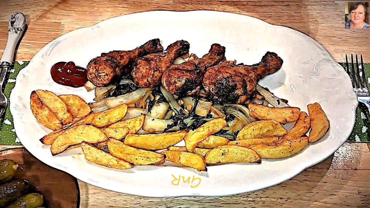 Pałki Kurczaka z Air Fryer z Ziemniakami i Kapustą Bok Choy.