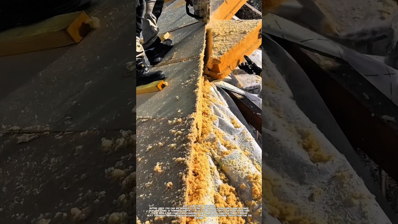 Cutting Roof Insulation Panels with a Power Saw | Roofing Installation Process.