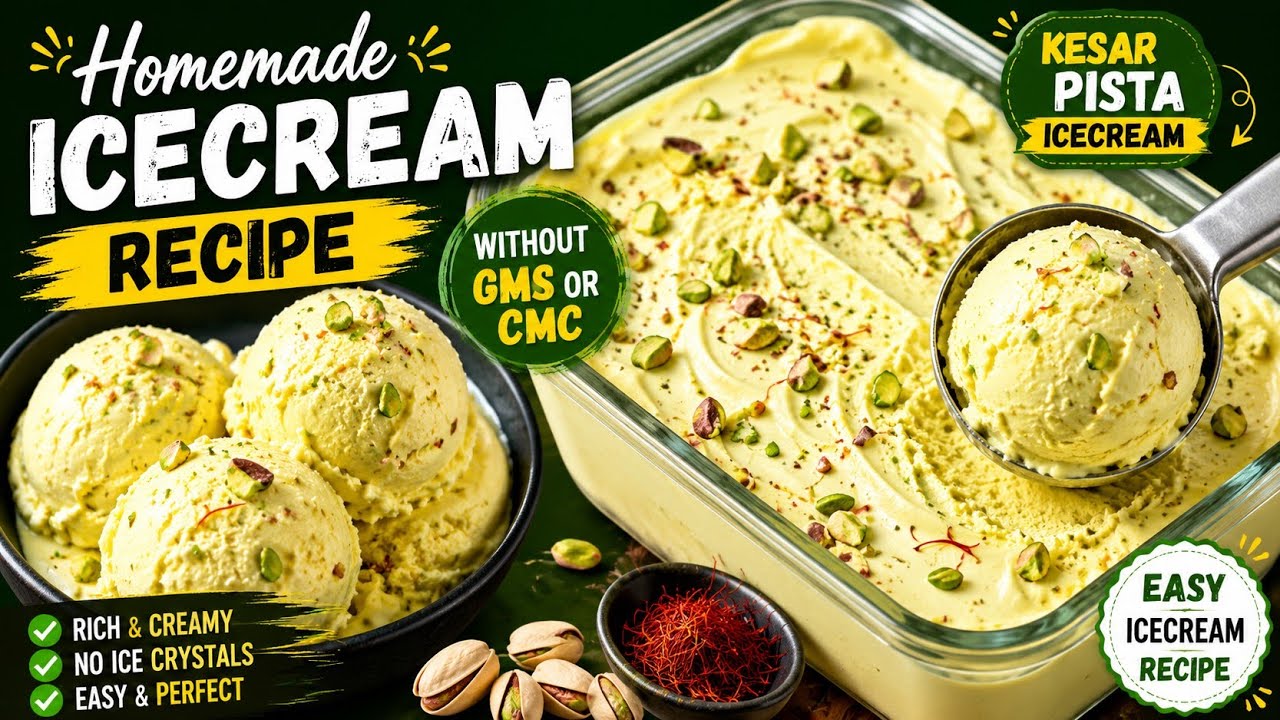 Homemade Icecream Recipe Without GMS Or CMC | Kesar Pista Icecream Recipe | Easy Icecream Recipe