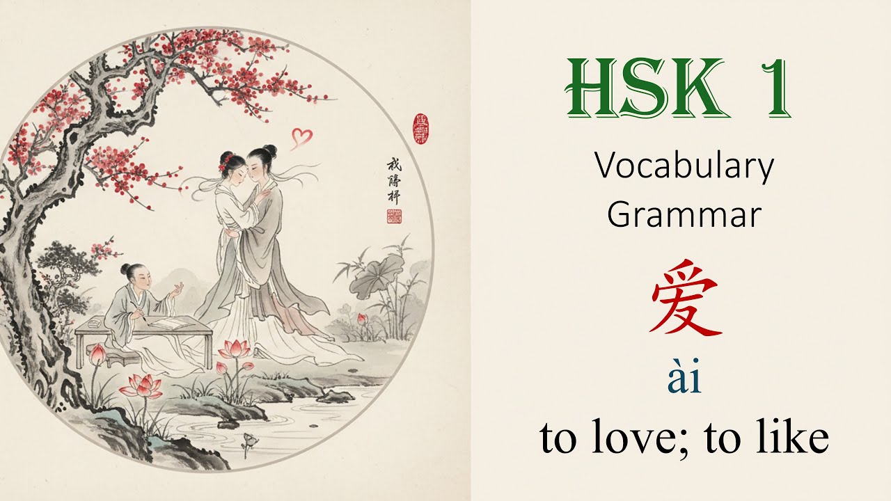 1. 爱 (ài) to love (a person); to like (an activity) - HSK 1 vocabulary and grammar