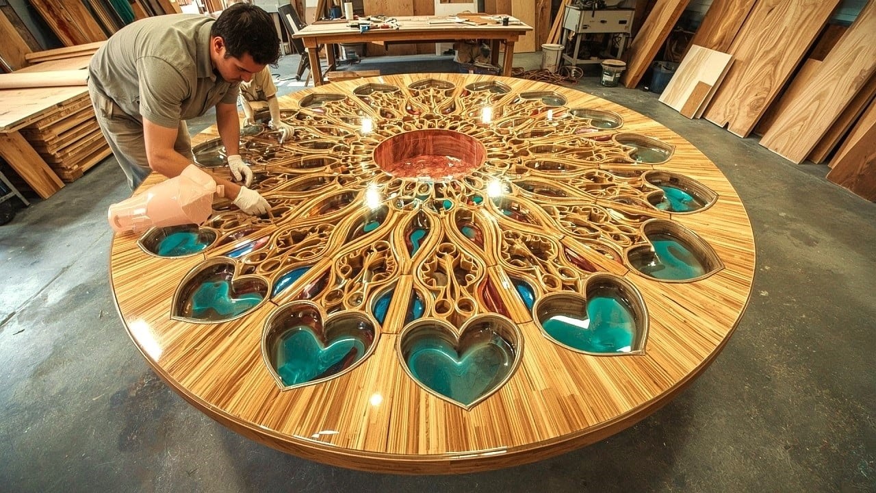 Talented Carpenter Builds Desk & Dining Table From Wood, Bamboo Tubes And Epoxy Glue