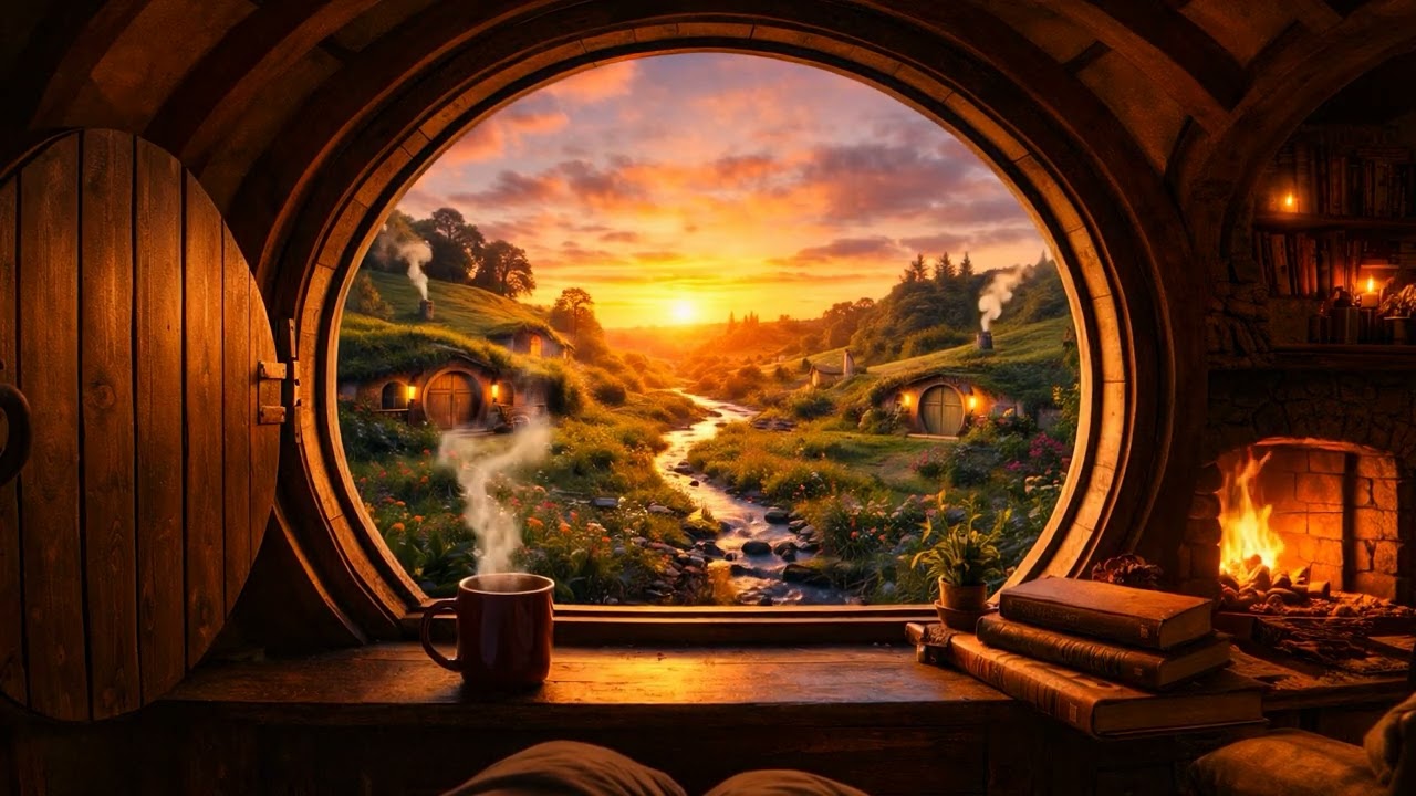 Shire Sunset Ambience 🌿 River & Fireplace Sounds for Sleep(4K)
