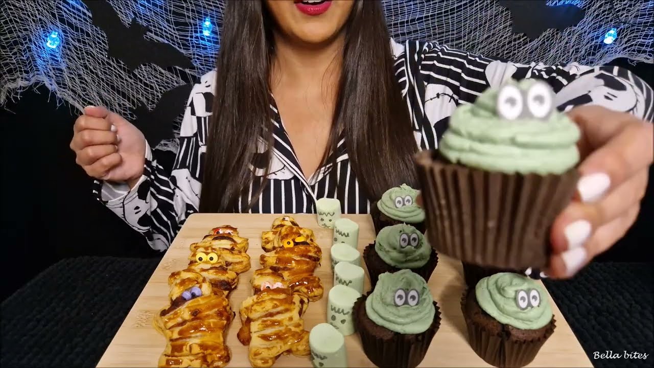 ASMR Eating Halloween Chocolate Monster Muffins & Puff Pastry Mummies 🎃👻 | Satisfying Eating Sounds