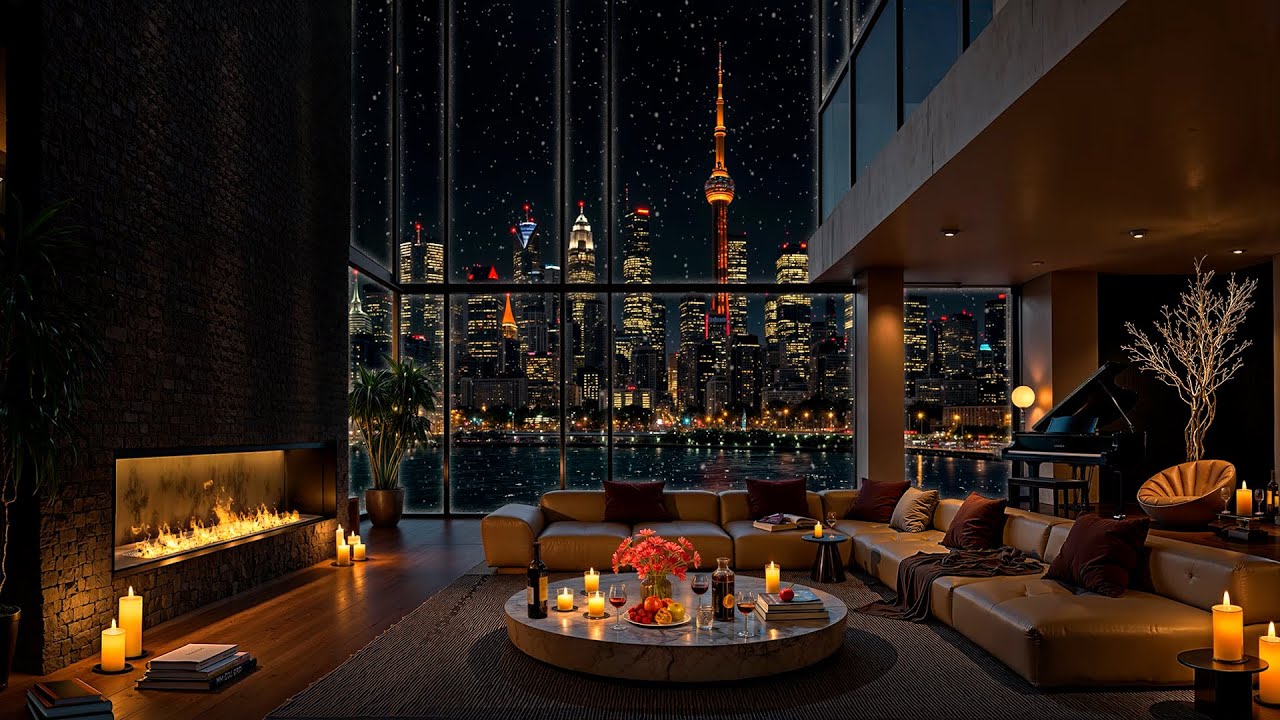 Luxury Apartment in Toronto, Canada ❄ Relaxing Winter Jazz Saxophone & Fireplace Sounds for Sleeping