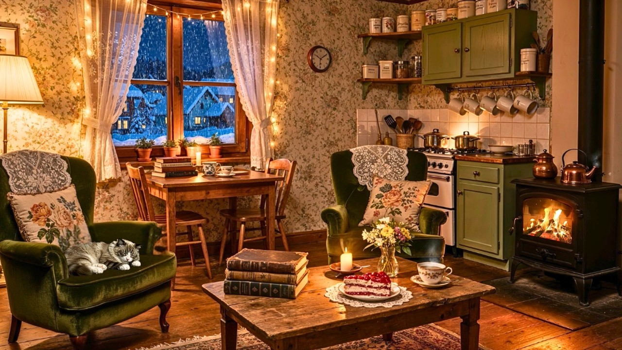 Vintage 1940s Cabin Night ❄️ Oldies Playing in Another Room | Soft Vintage Jazz